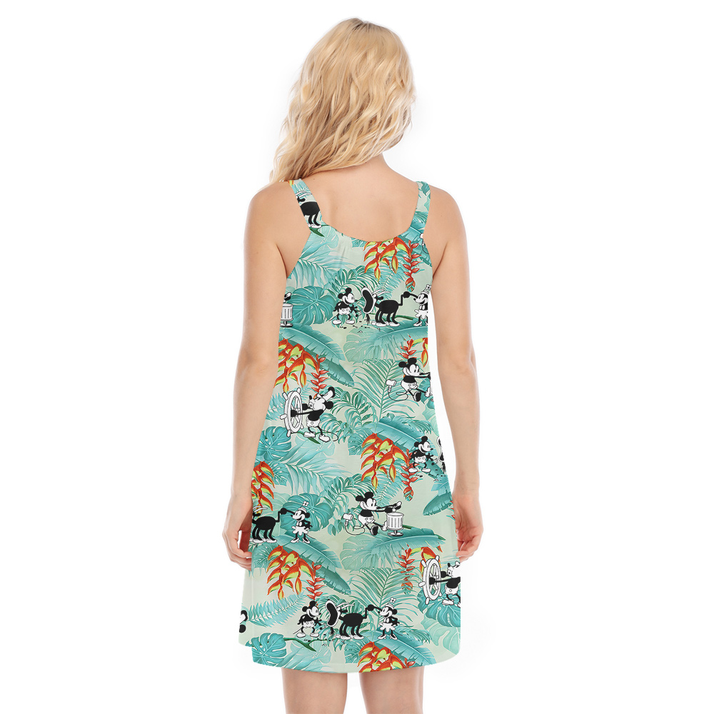 Cute Mickey Steamboat Willie Tropical Leaves Aloha Cami Dress