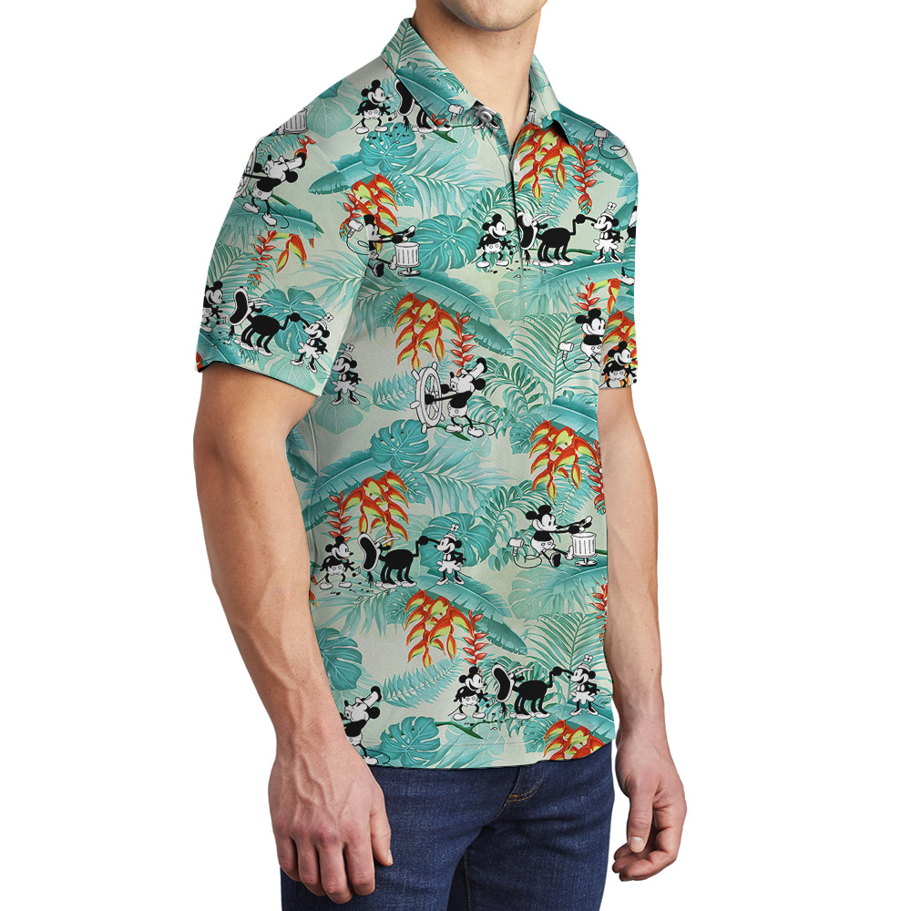 Lovely Mickey Mouse Steamboat Willie Tropical Leaves Hawaiian Polo Golf Shirt