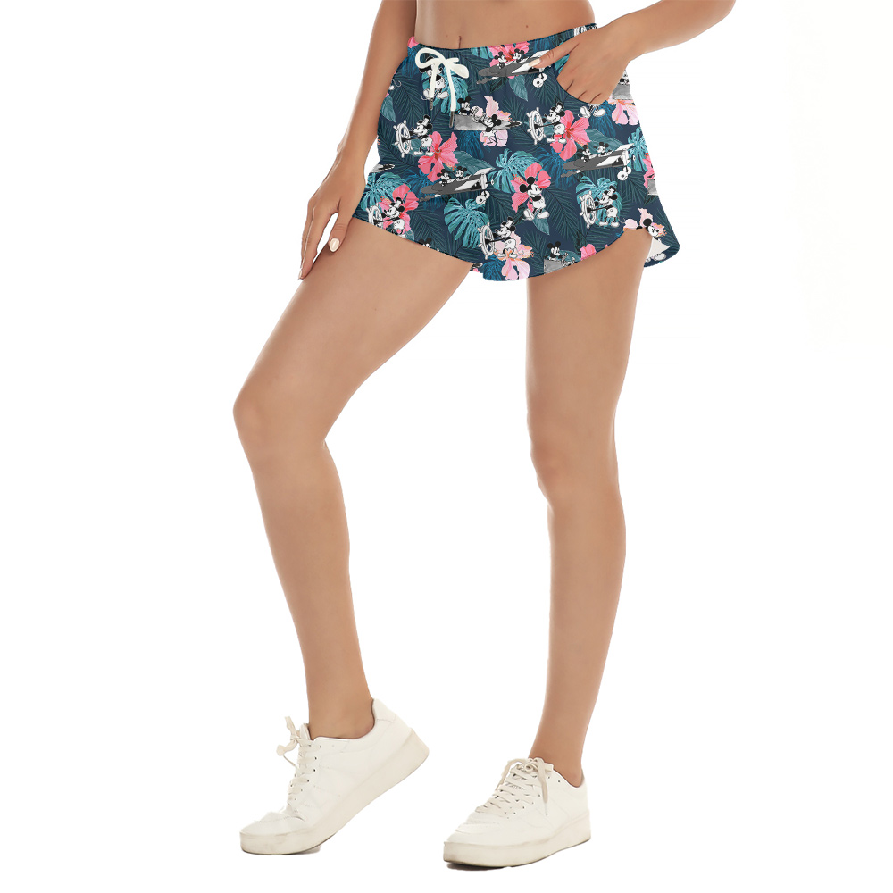 Cute Mickey Steamboat Willie Tropical Hibiscus Hawaiian Summer Shorts For Women