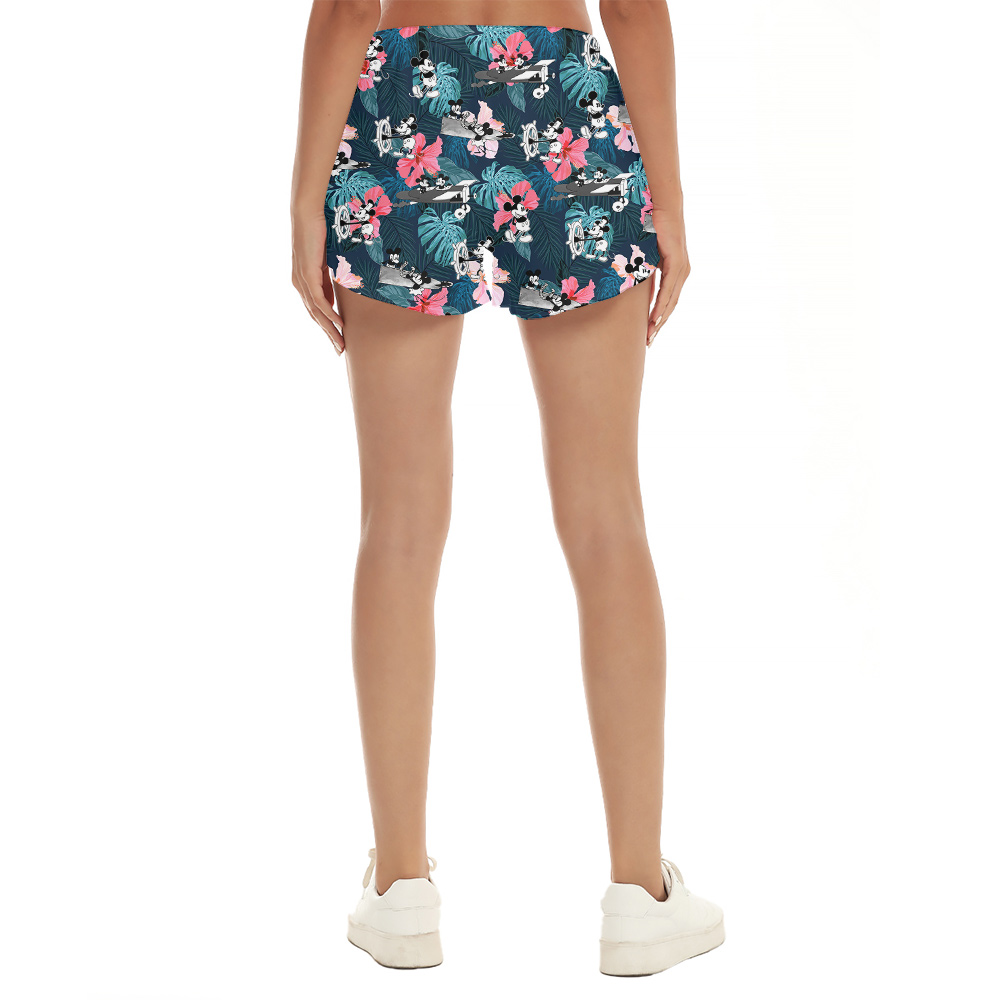 Cute Mickey Steamboat Willie Tropical Hibiscus Hawaiian Summer Shorts For Women