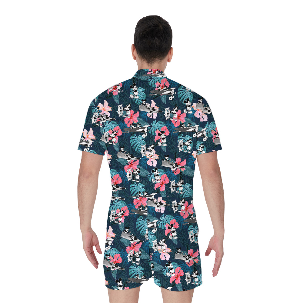 Cute Mickey Steamboat Willie Floral Hawaiian Romper For Men