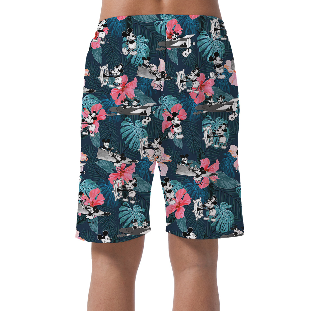 Tropical Hibiscus Mickey Steamboat Willie Floral Hawaiian Beach Shorts For Men