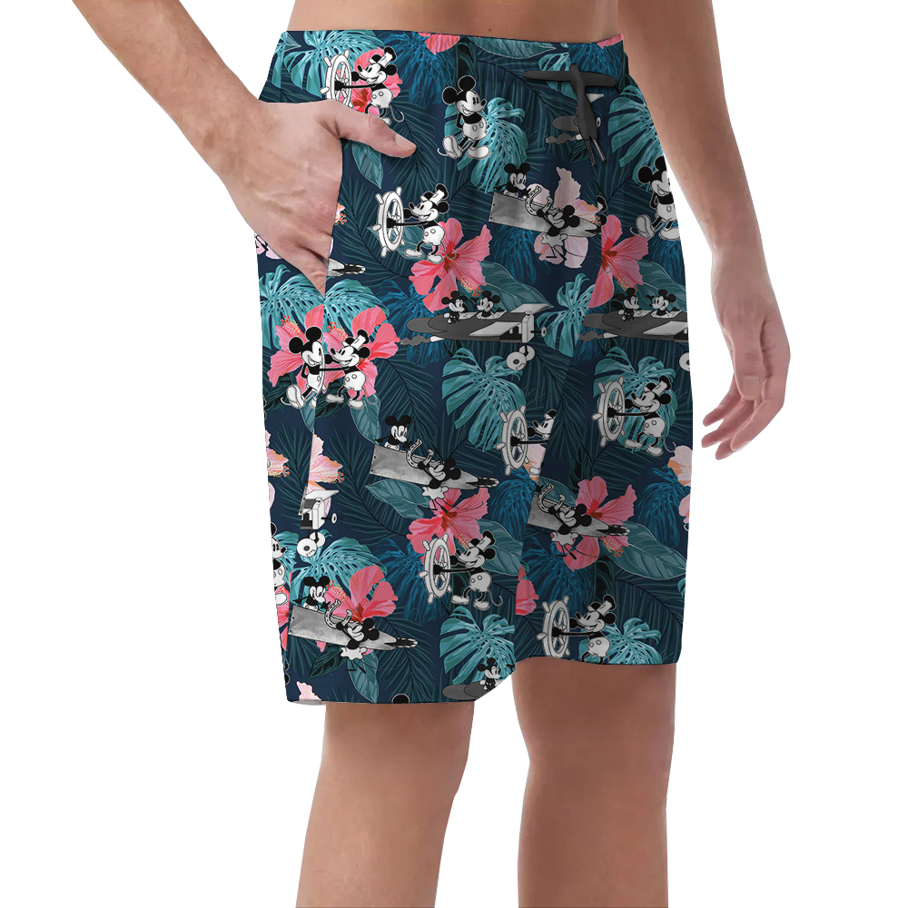 Tropical Hibiscus Mickey Steamboat Willie Floral Hawaiian Beach Shorts For Men