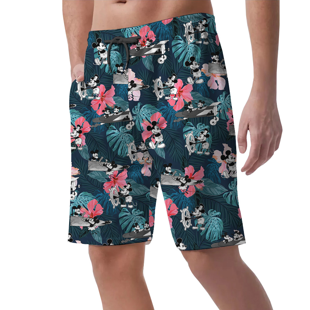 Tropical Hibiscus Mickey Steamboat Willie Floral Hawaiian Beach Shorts For Men