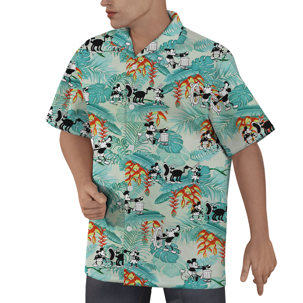 Tropical Leaves Vintage Mickey Mouse Steamboat Willie 1928 Hawaiian Shirt