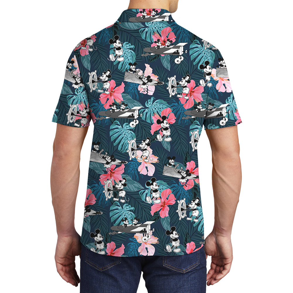 Cute Mickey Mouse Steamboat Willie 1928 Tropical Hibiscus Hawaiian Polo Shirt