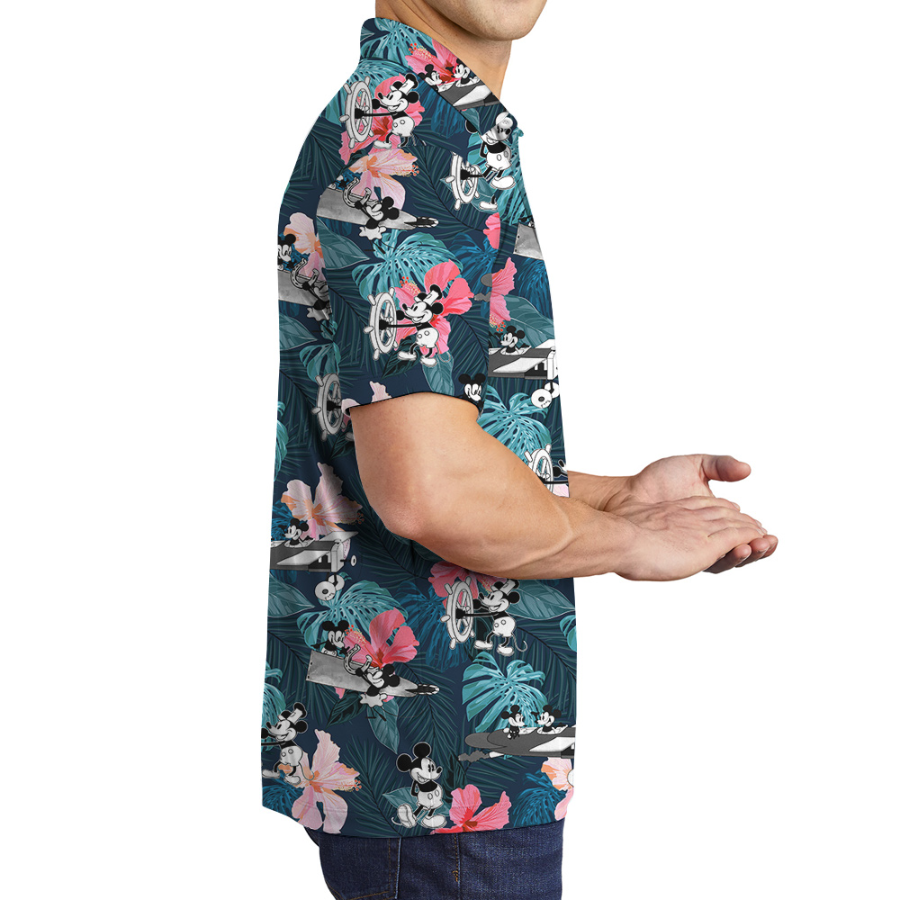 Cute Mickey Mouse Steamboat Willie 1928 Tropical Hibiscus Hawaiian Polo Shirt