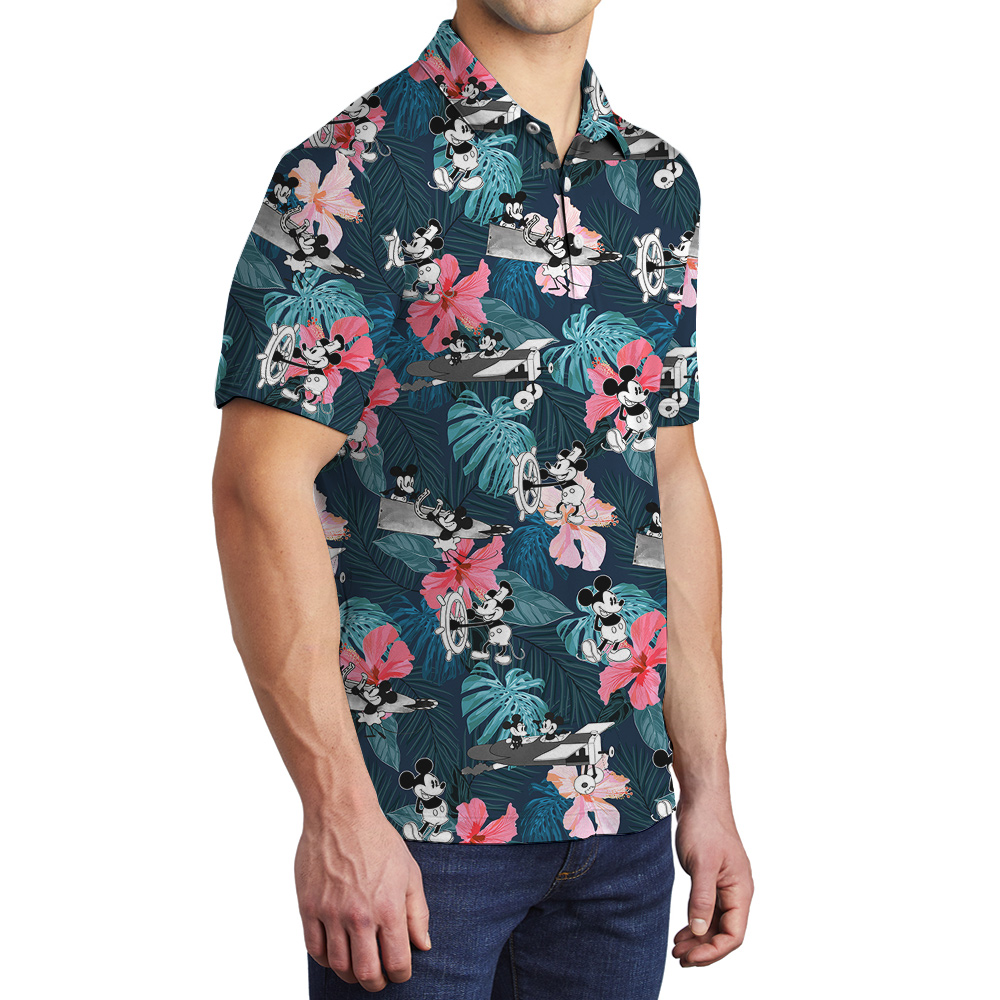 Cute Mickey Mouse Steamboat Willie 1928 Tropical Hibiscus Hawaiian Polo Shirt
