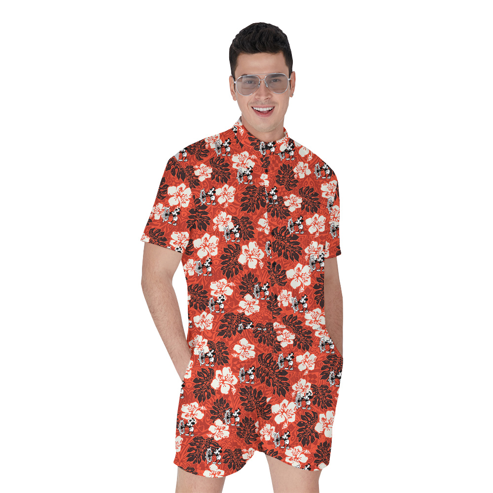 Vintage Hibiscus Steamboat Willie Mickey Mouse Orange Hawaiian Romper For Men - variant image 1
