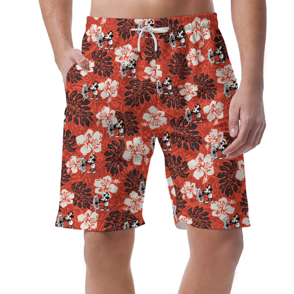 Cute Mickey Steamboat Willie 1928 Vintage Hibiscus Hawaiian Beach Shorts For Men - variant image 1