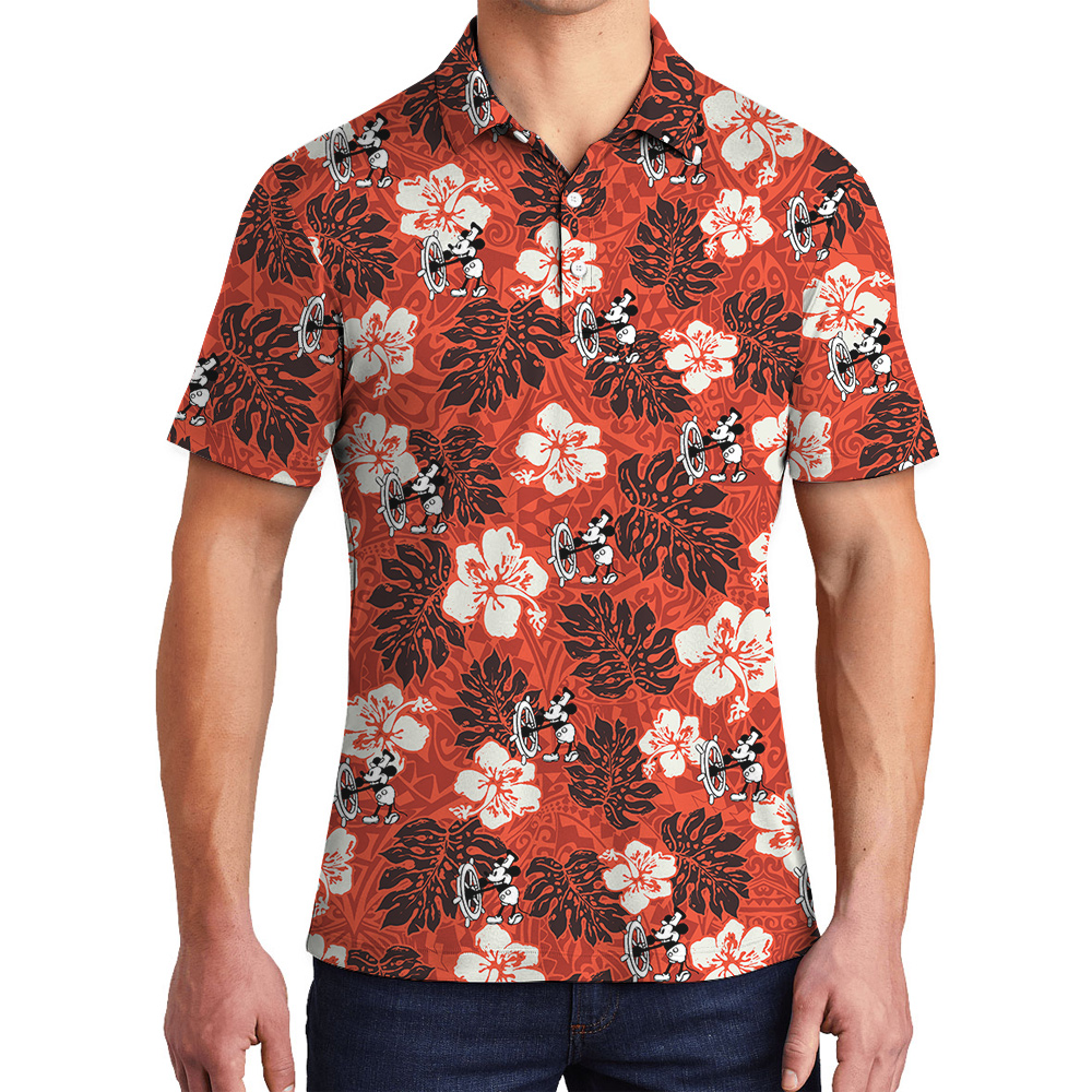 Steamboat Willie Mickey Mouse Vintage Hibiscus Orange Hawaiian Polo Shirt - variant image 1