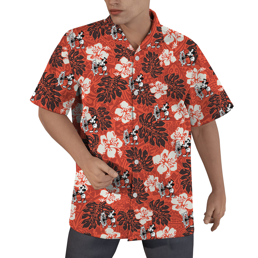 Vintage Mickey Mouse Steamboat Willie Hibiscus Orange Hawaiian Shirt - variant image 1