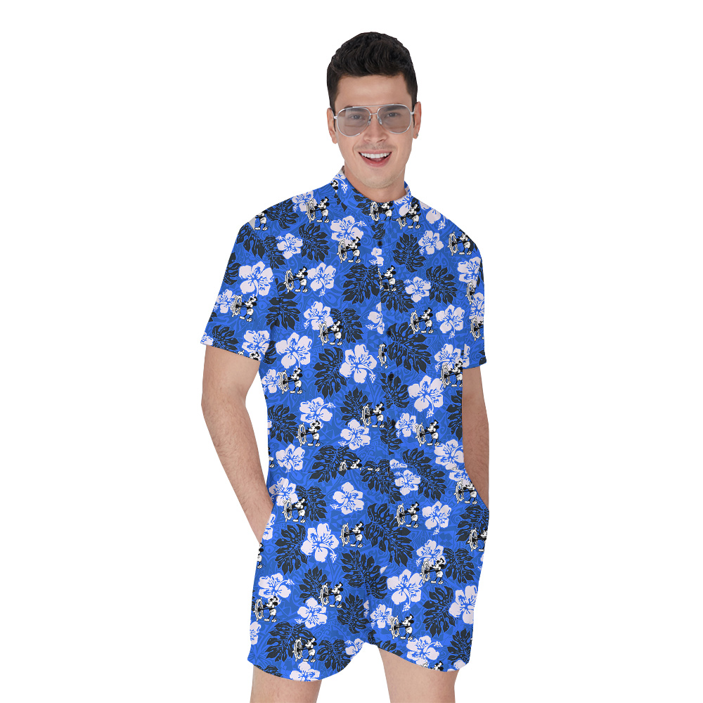 Cute Mickey Steamboat Willie Hibiscus Vintage Navy Hawaiian Romper For Men - variant image 1