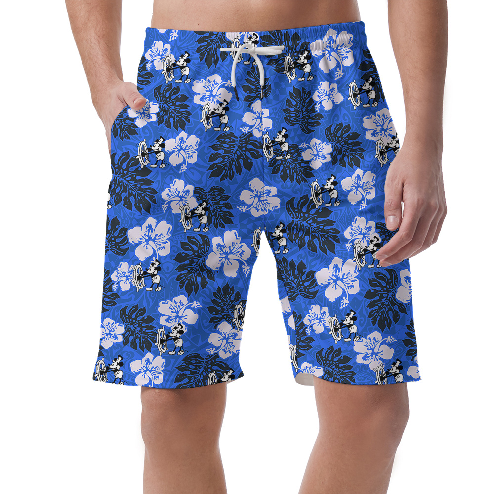 Navy Hibiscus Steamboat Willie Mickey Hawaiian Beach Shorts For Men - variant image 1