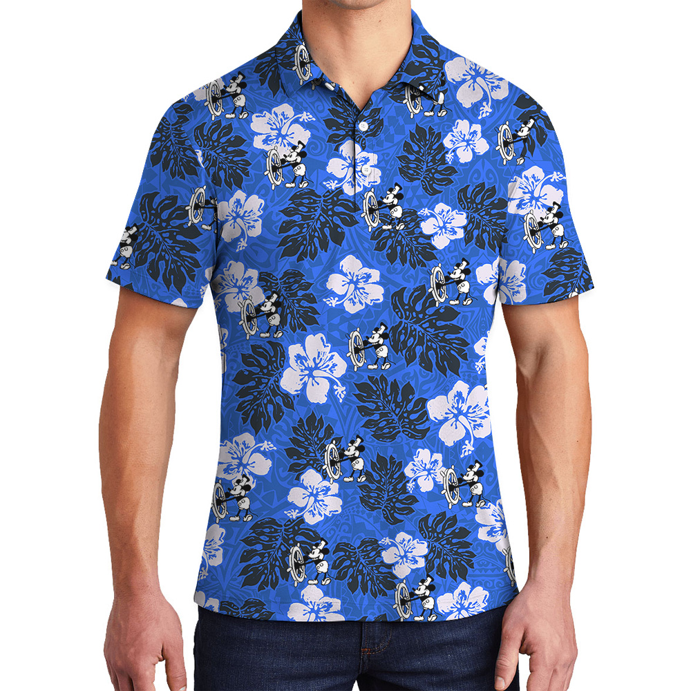 Cute Mickey Steamboat Willie Vintage Hibiscus Navy Hawaiian Polo Shirt - variant image 1