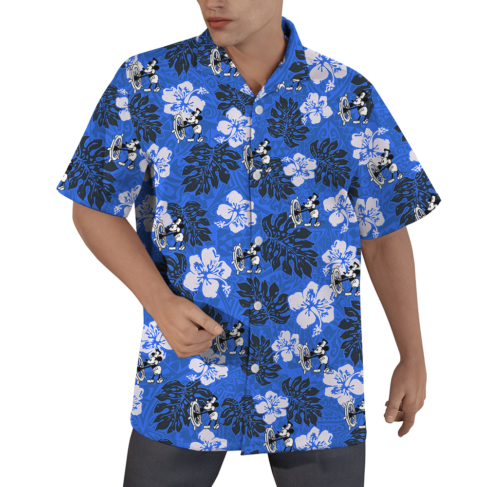 Steamboat Willie Mickey Mouse Vintage Hibiscus Navy Hawaiian Shirt - variant image 1