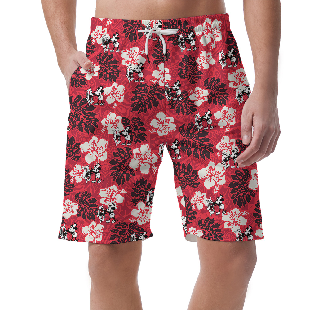 Cute Mickey Mouse Steamboat Willie Hibiscus Classic Red Hawaiian Beach Shorts For Men - variant image 1
