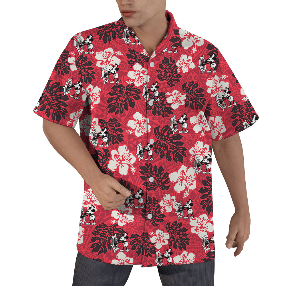 Classic Steamboat Willie Mickey Mouse Hibiscus Red Hawaiian Shirt - variant image 1