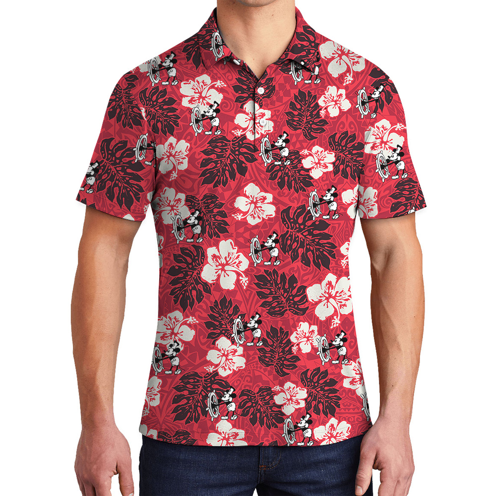Cute Mickey Steamboat Willie Vintage Hibiscus Red Hawaiian Polo Shirt For Men - variant image 1