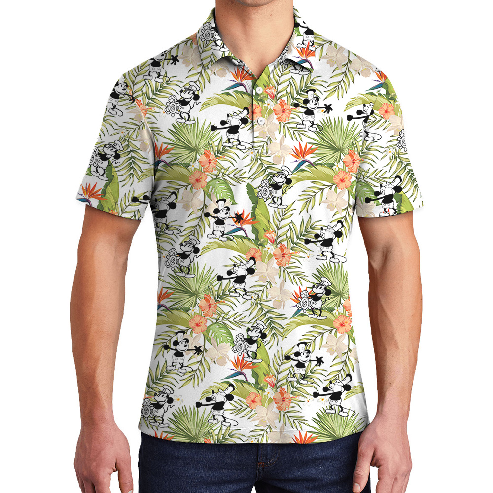 Cute Mickey Steamboat Willie 1928 Tropical Hibiscus Hawaiian Polo Shirt - variant image 1