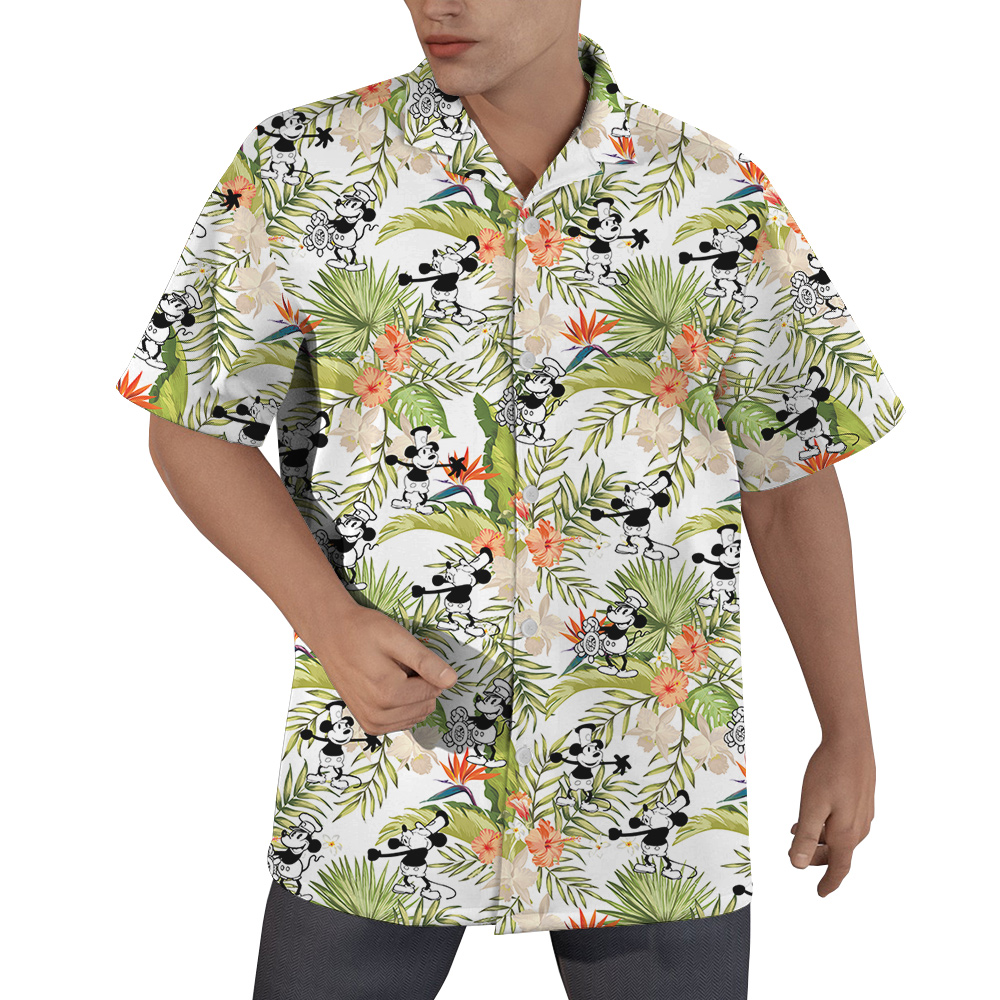 Tropical Hibiscus Steamboat Willie Mickey Hawaiian Button Up Shirt - variant image 1