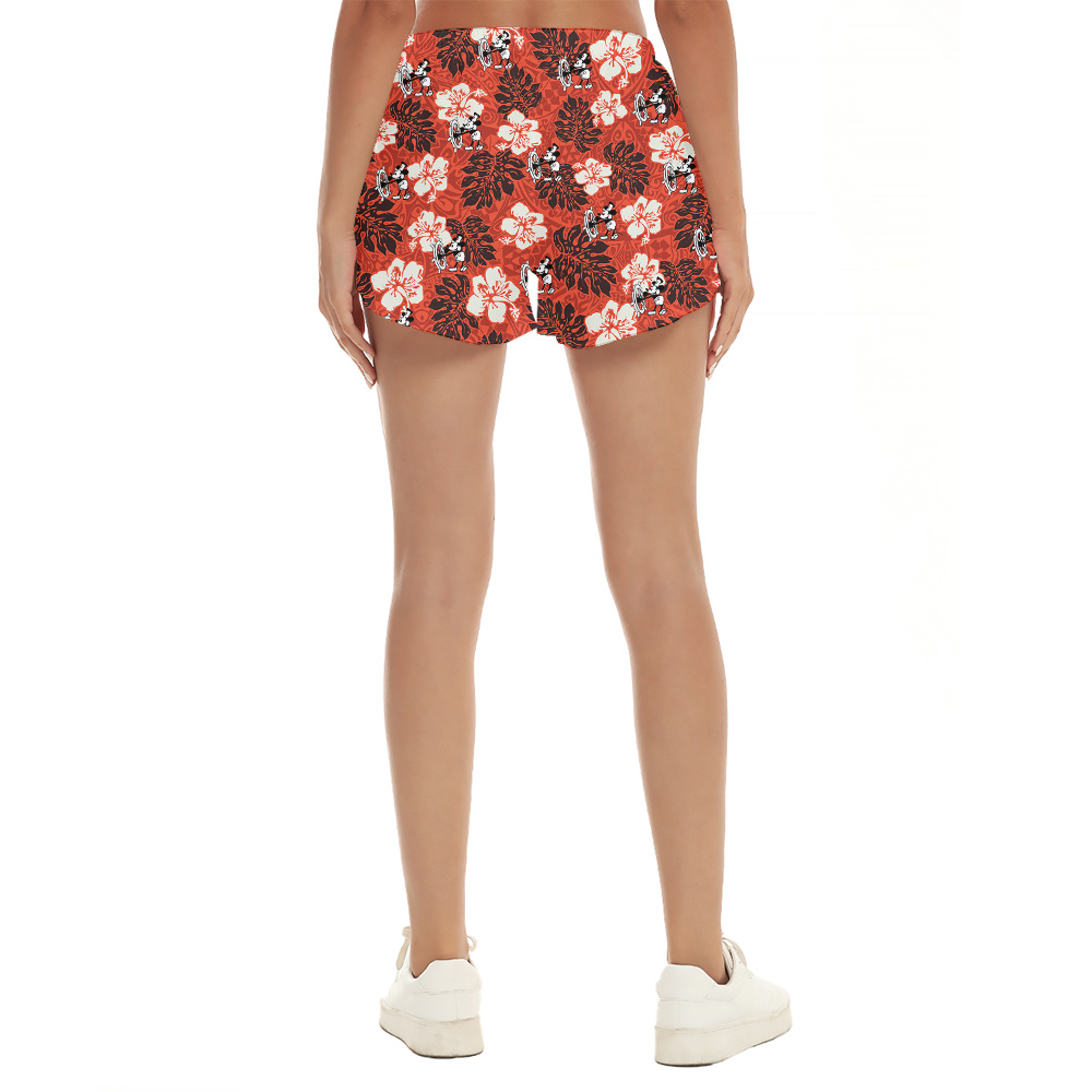 Cute Mickey Steamboat Willie Hibiscus Vintage Orange Hawaiian Beach Shorts For Women