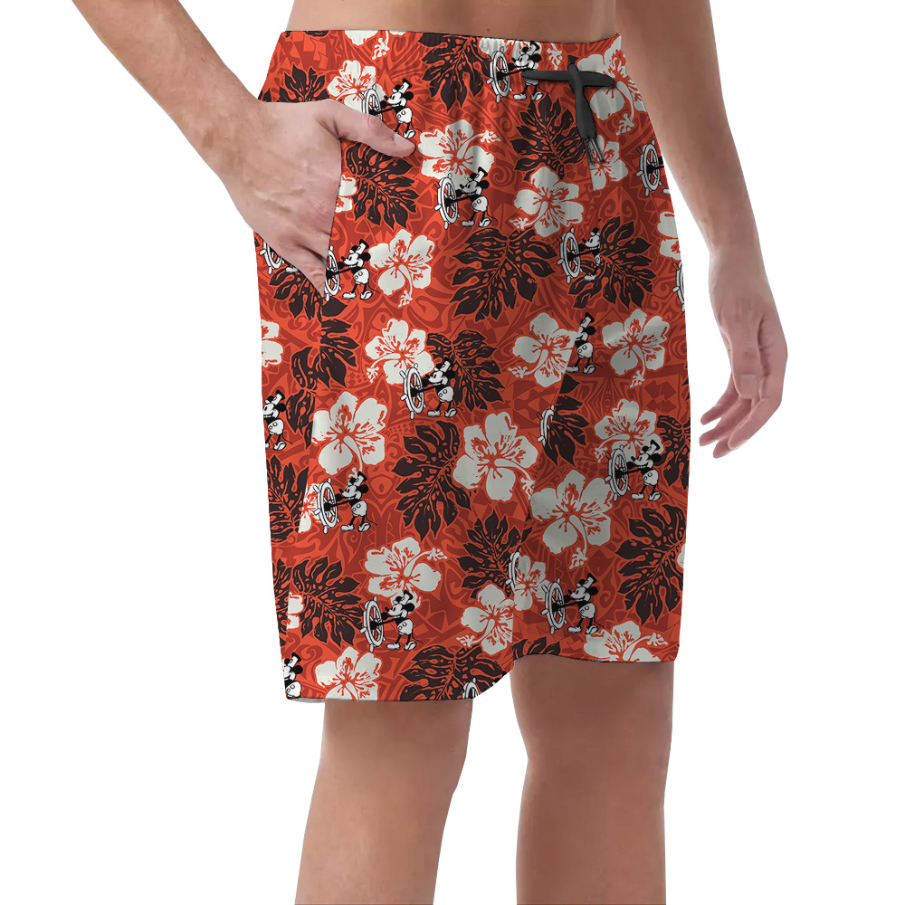 Cute Mickey Steamboat Willie 1928 Vintage Hibiscus Hawaiian Beach Shorts For Men