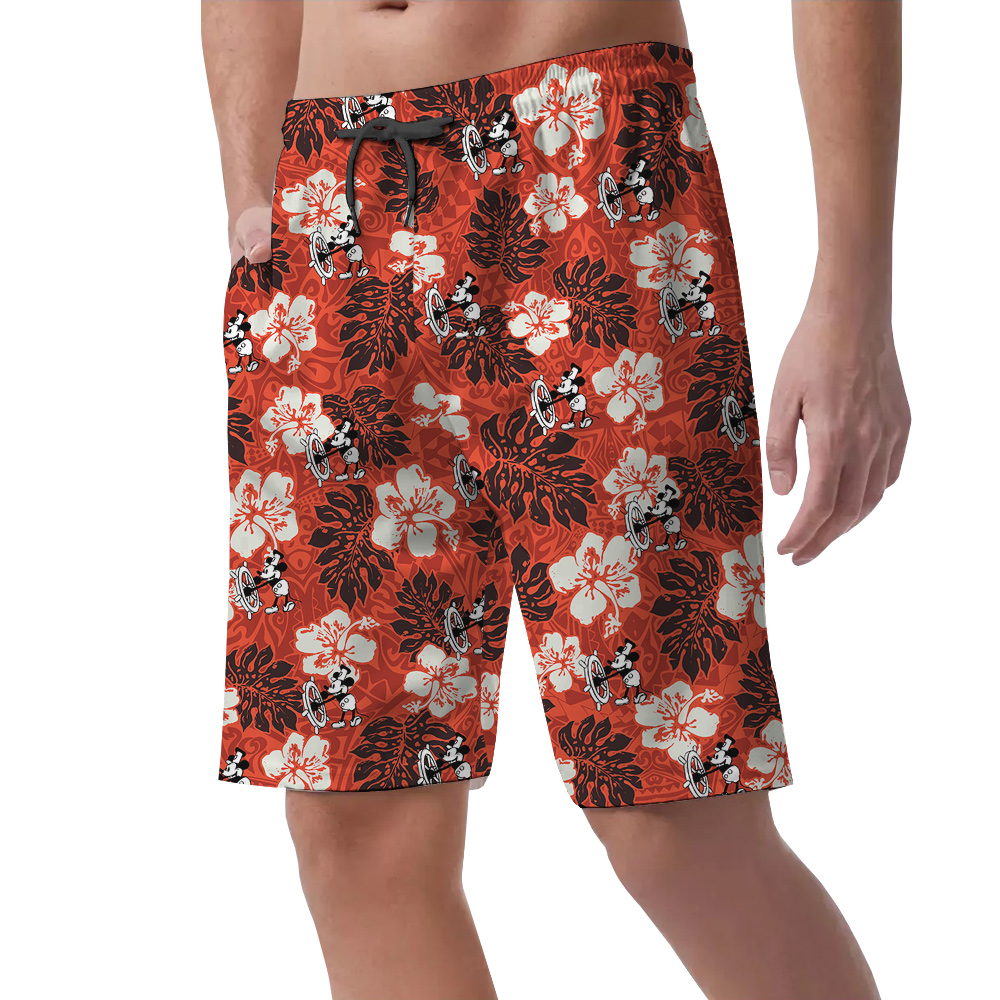 Cute Mickey Steamboat Willie 1928 Vintage Hibiscus Hawaiian Beach Shorts For Men