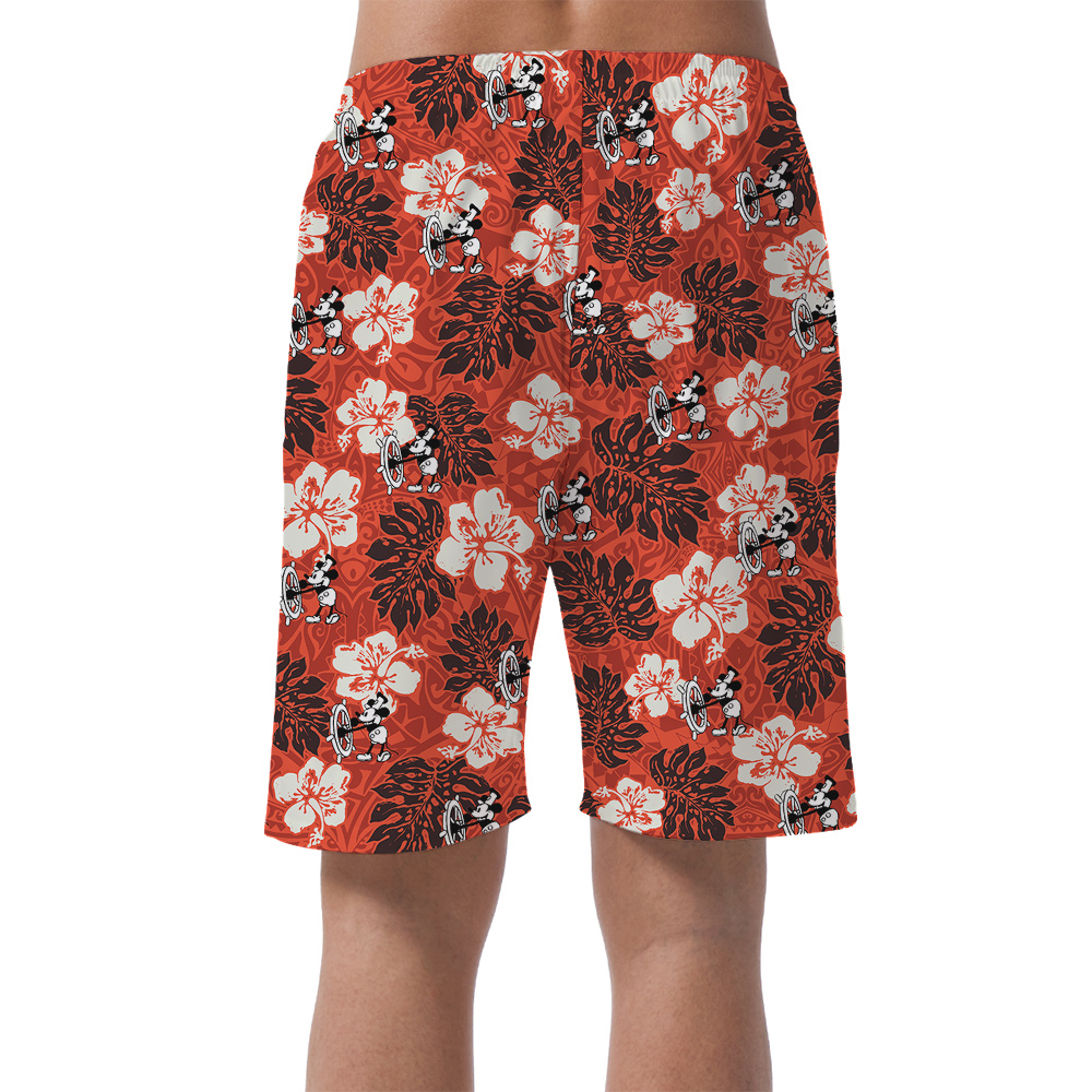 Cute Mickey Steamboat Willie 1928 Vintage Hibiscus Hawaiian Beach Shorts For Men