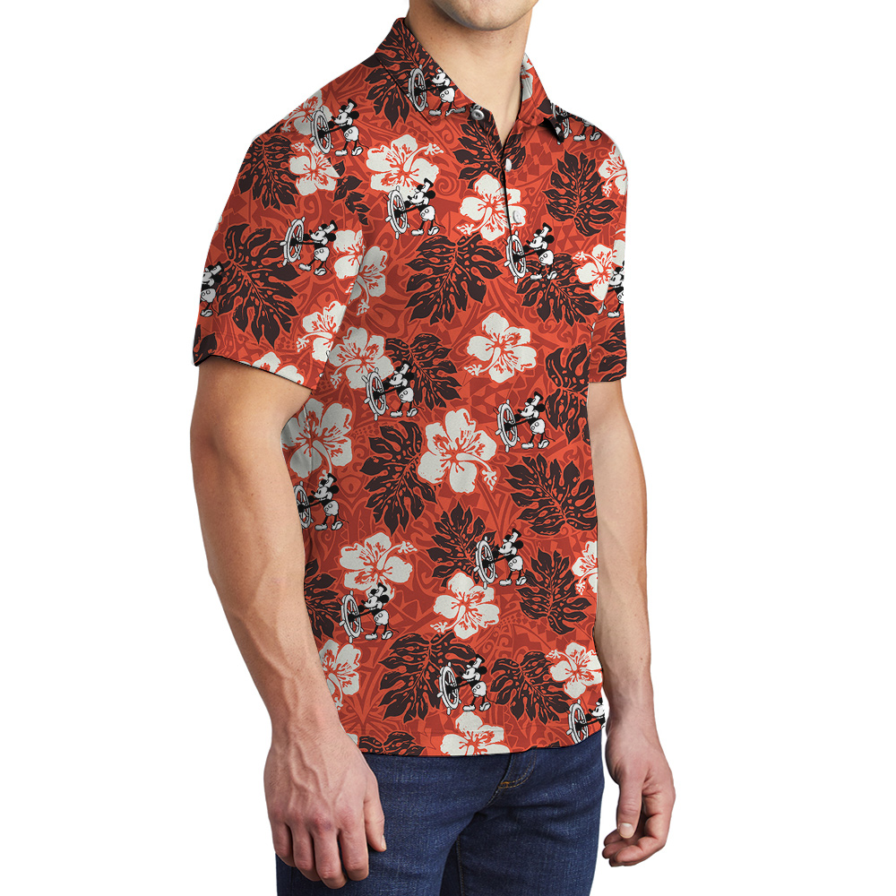 Steamboat Willie Mickey Mouse Vintage Hibiscus Orange Hawaiian Polo Shirt