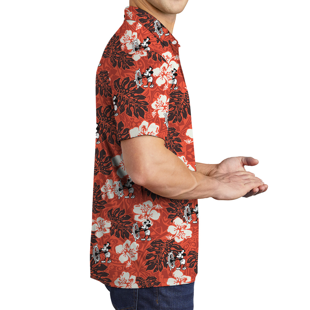Steamboat Willie Mickey Mouse Vintage Hibiscus Orange Hawaiian Polo Shirt