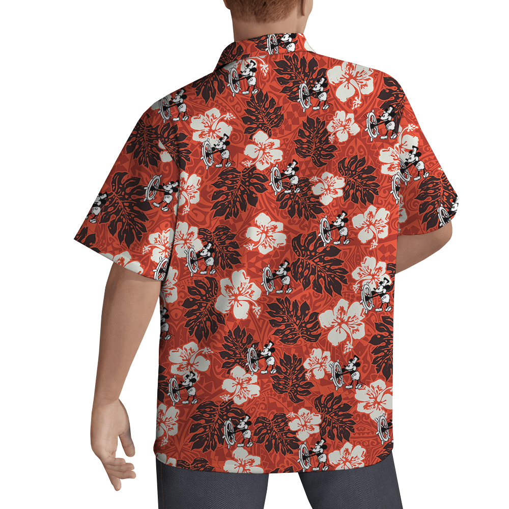 Vintage Mickey Mouse Steamboat Willie Hibiscus Orange Hawaiian Shirt