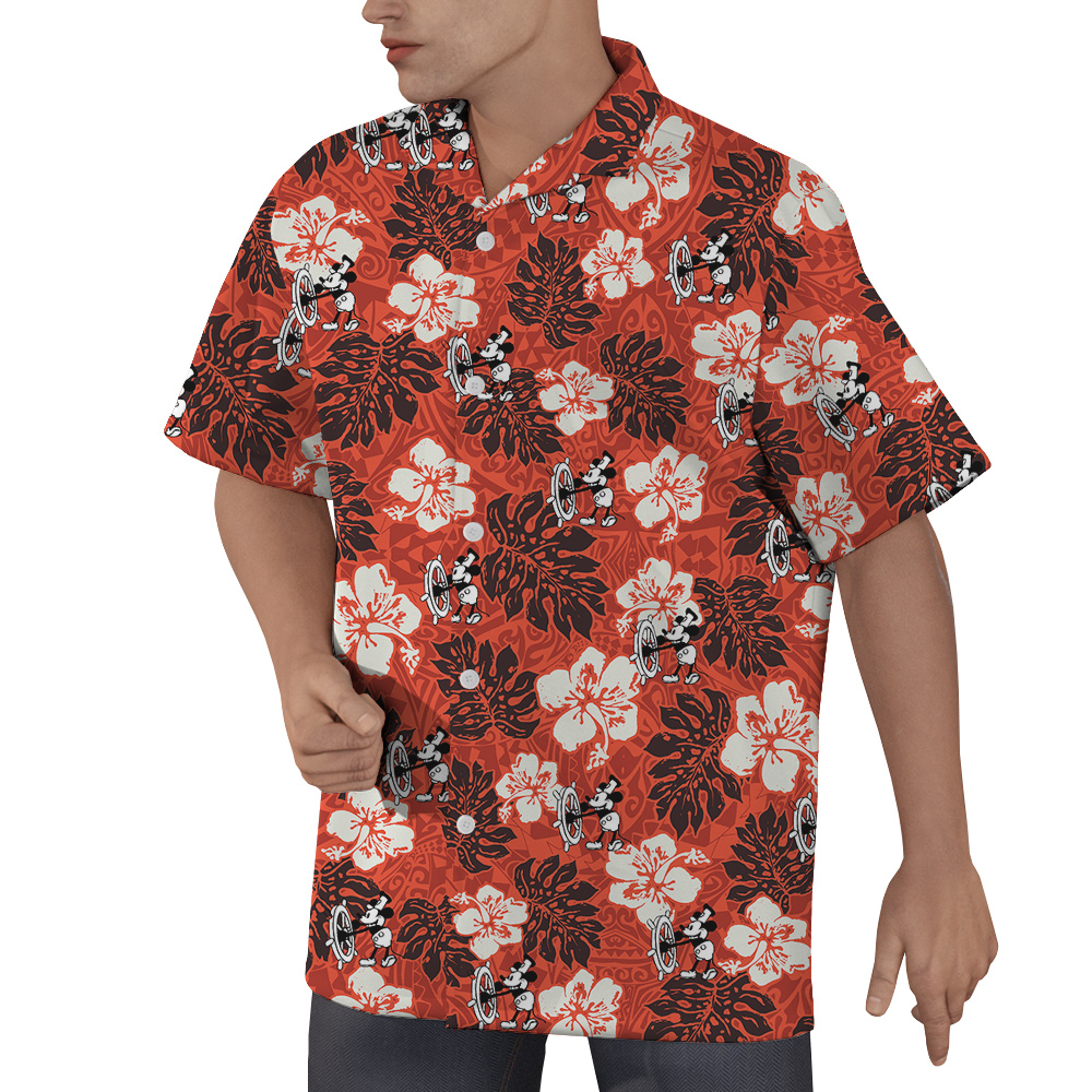 Vintage Mickey Mouse Steamboat Willie Hibiscus Orange Hawaiian Shirt