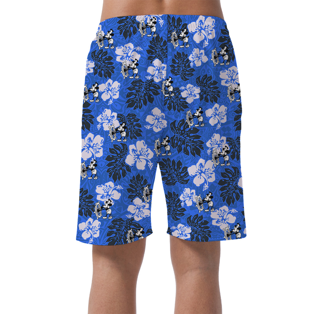 Navy Hibiscus Steamboat Willie Mickey Hawaiian Beach Shorts For Men