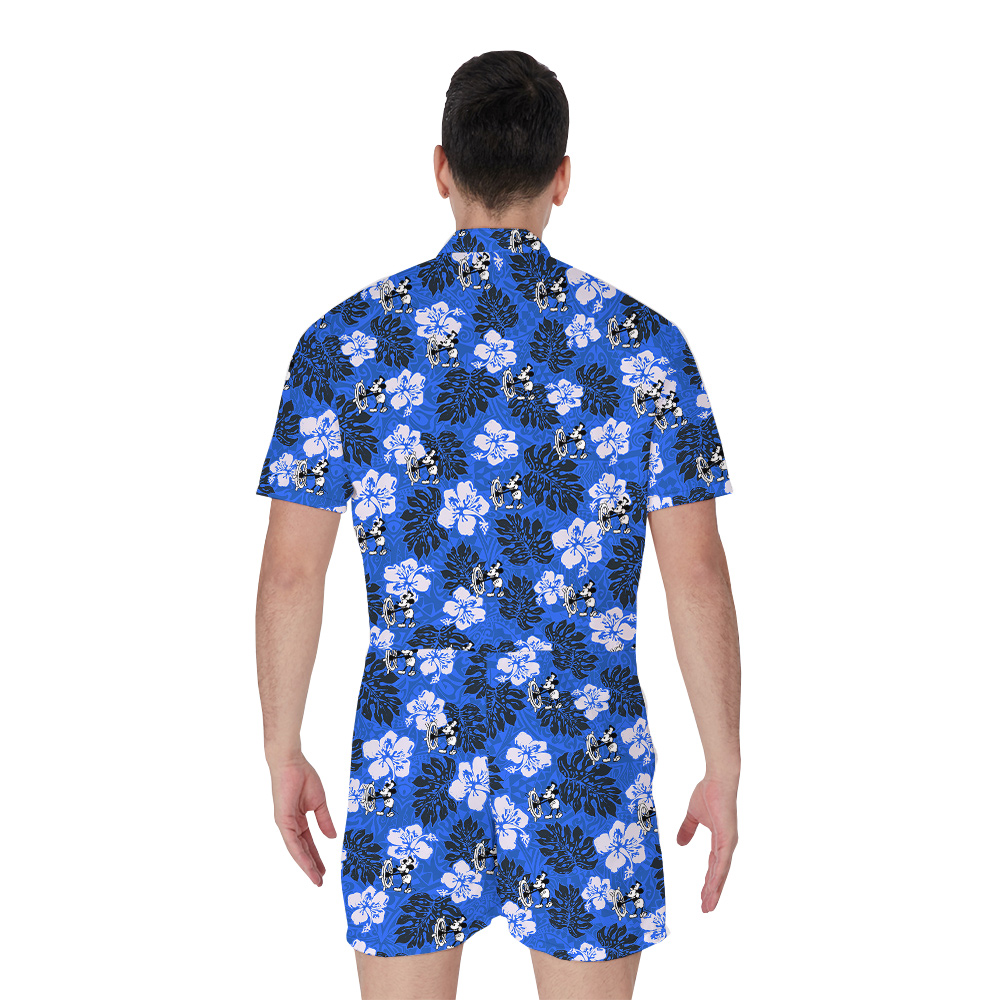Cute Mickey Steamboat Willie Hibiscus Vintage Navy Hawaiian Romper For Men