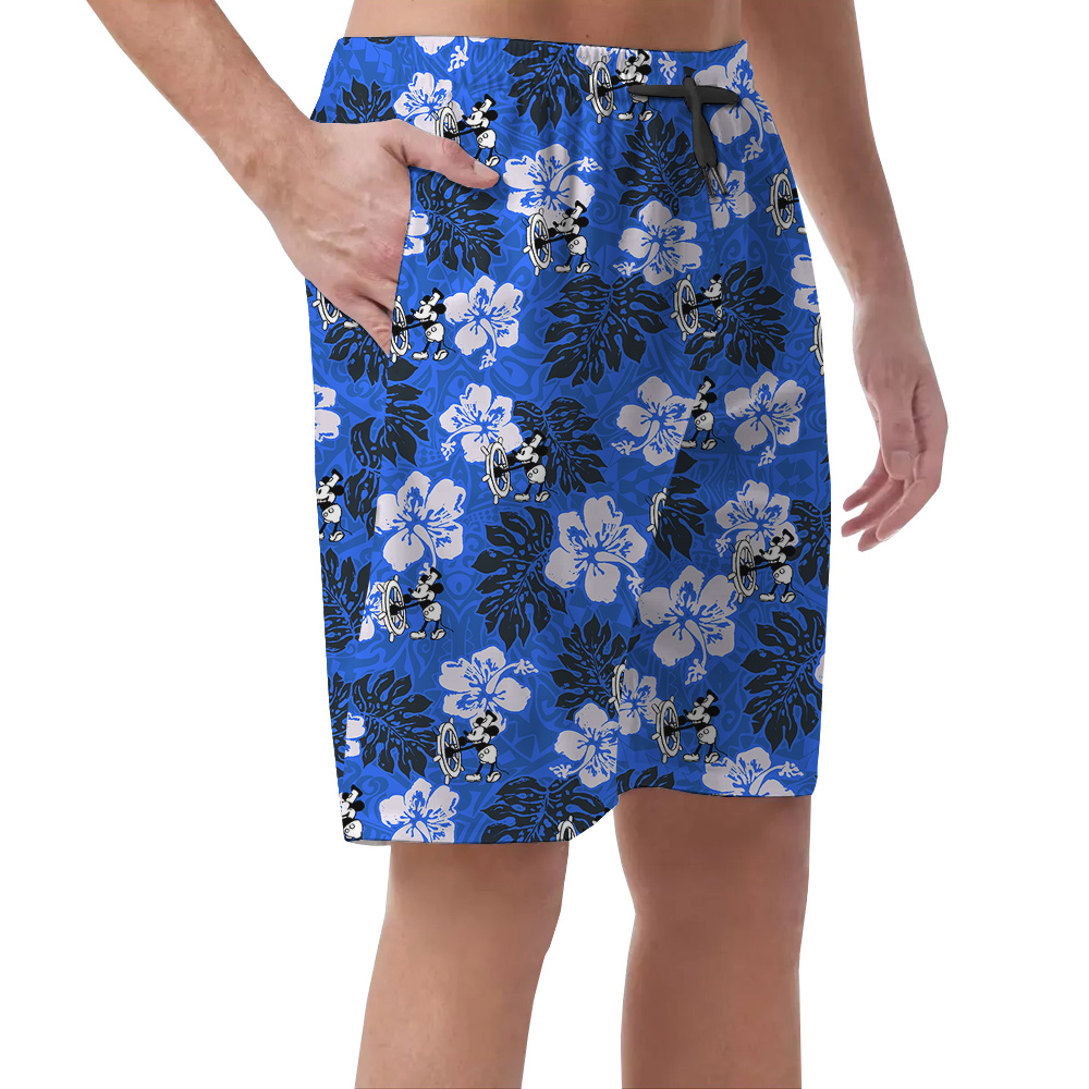 Navy Hibiscus Steamboat Willie Mickey Hawaiian Beach Shorts For Men