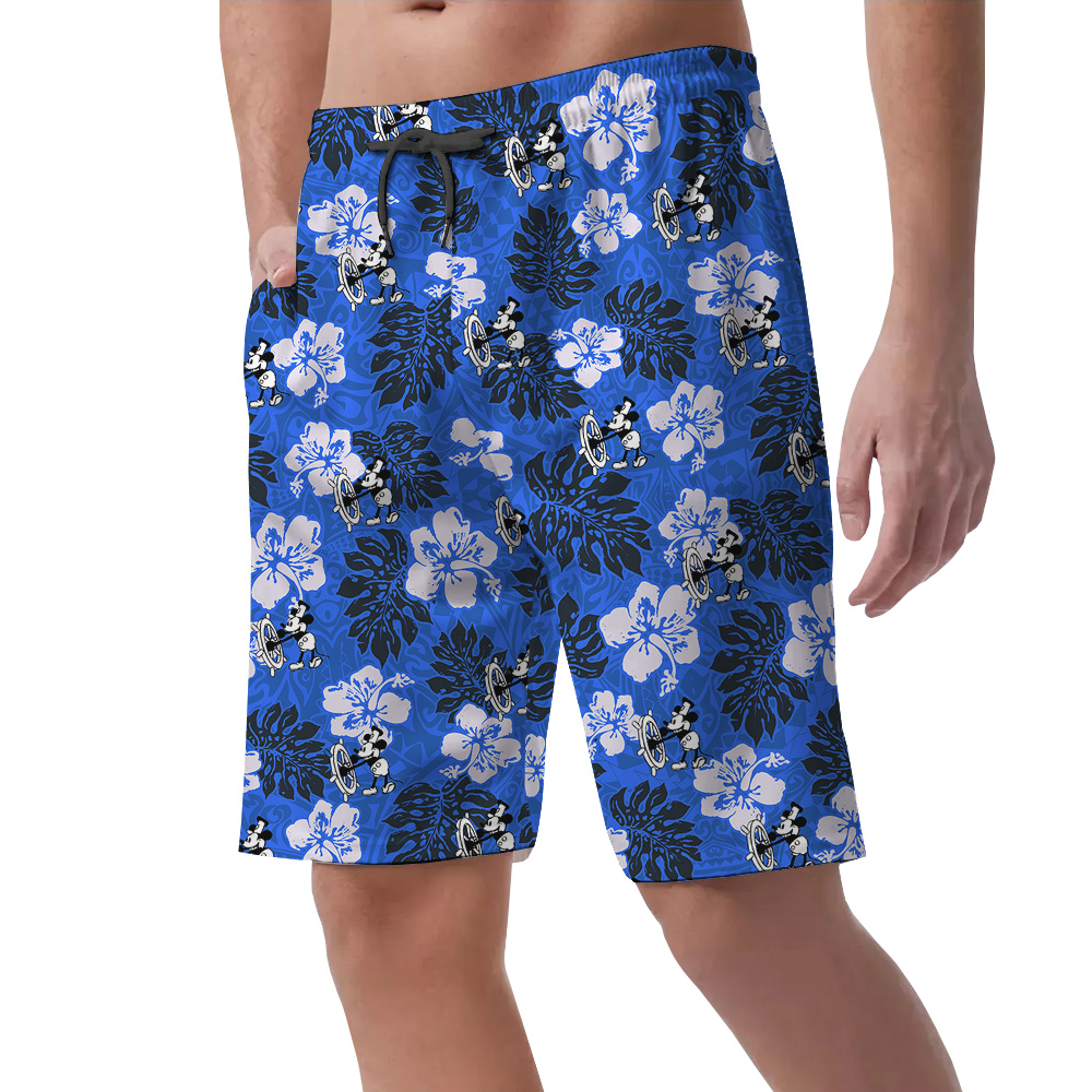 Navy Hibiscus Steamboat Willie Mickey Hawaiian Beach Shorts For Men