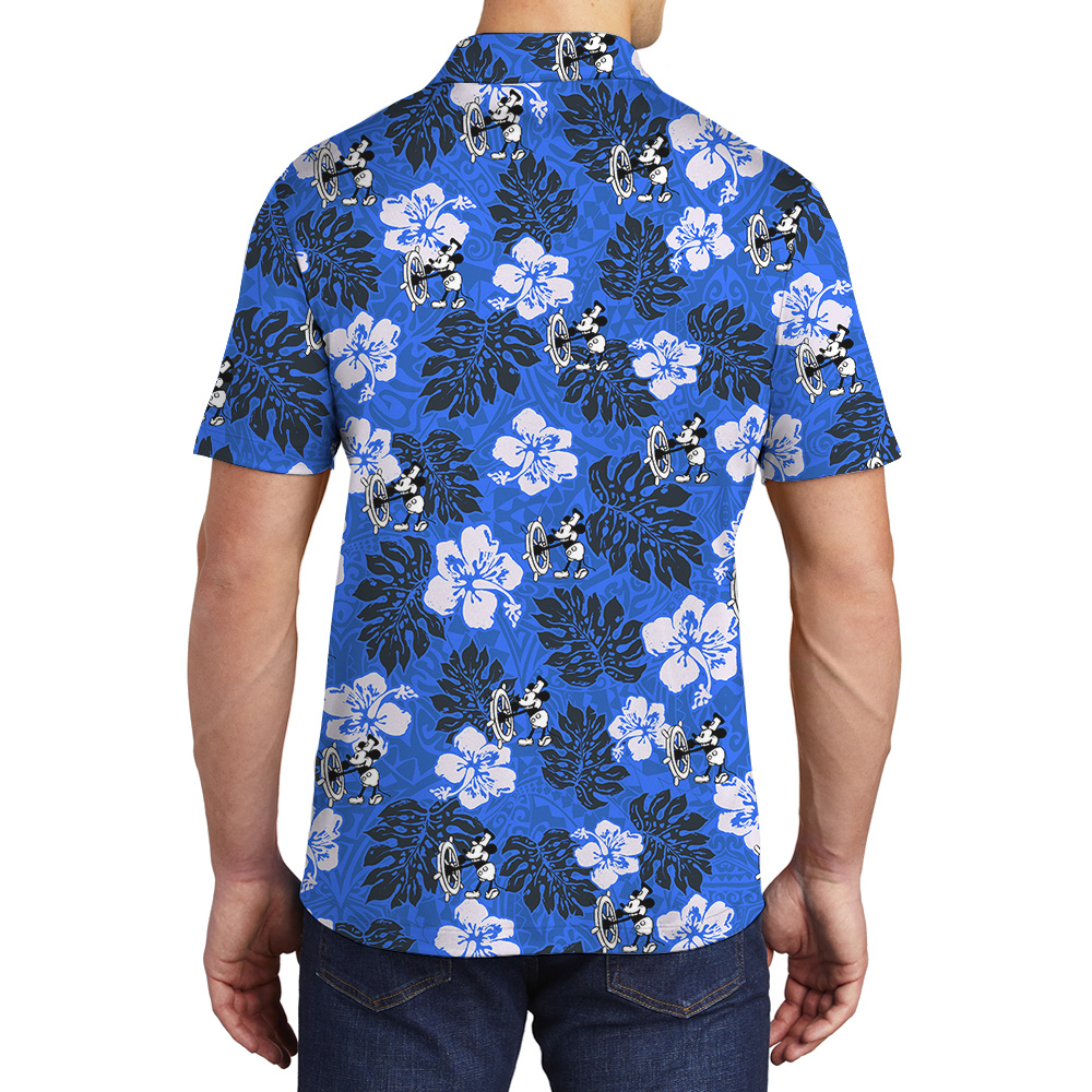 Cute Mickey Steamboat Willie Vintage Hibiscus Navy Hawaiian Polo Shirt