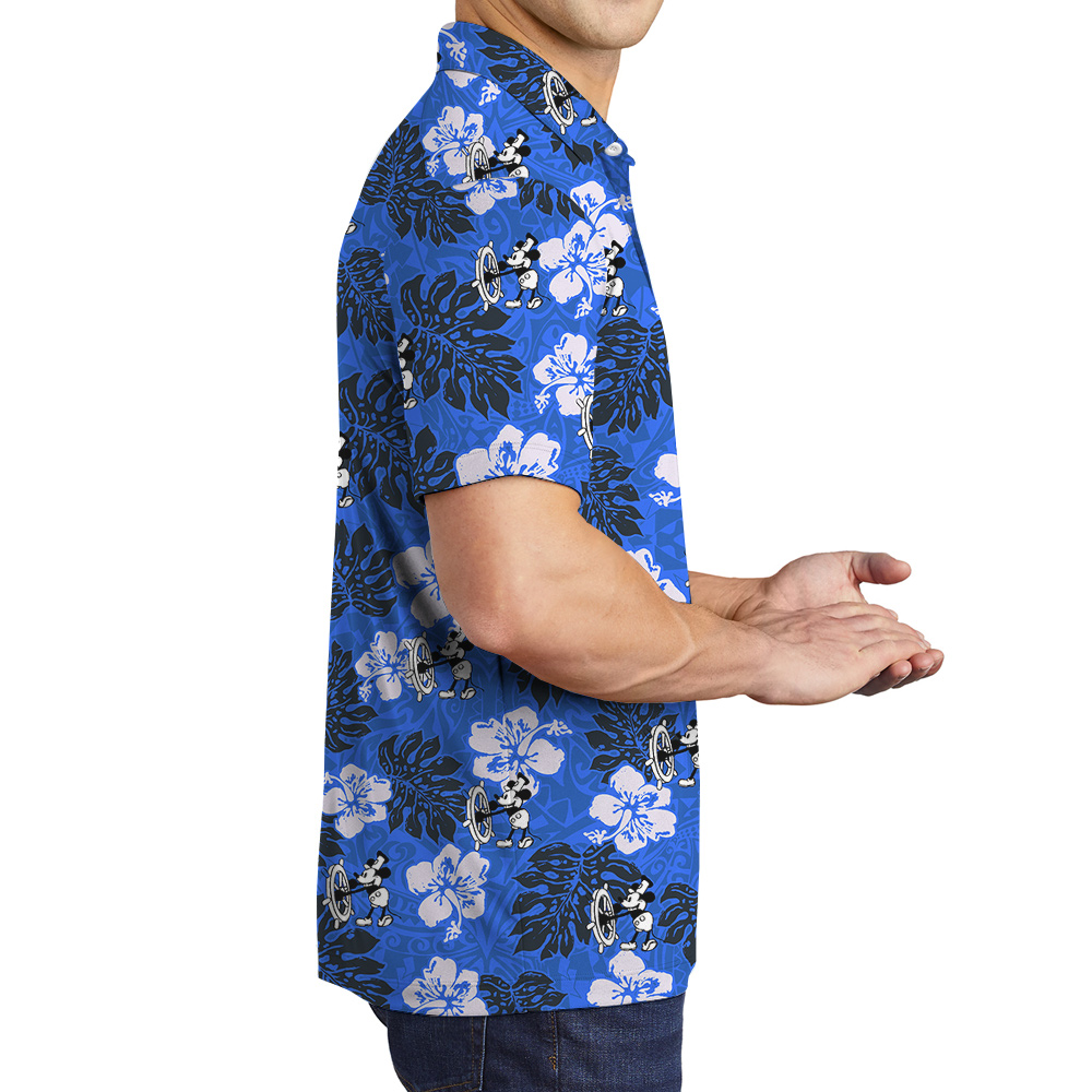 Cute Mickey Steamboat Willie Vintage Hibiscus Navy Hawaiian Polo Shirt