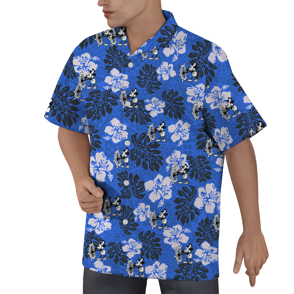Steamboat Willie Mickey Mouse Vintage Hibiscus Navy Hawaiian Shirt