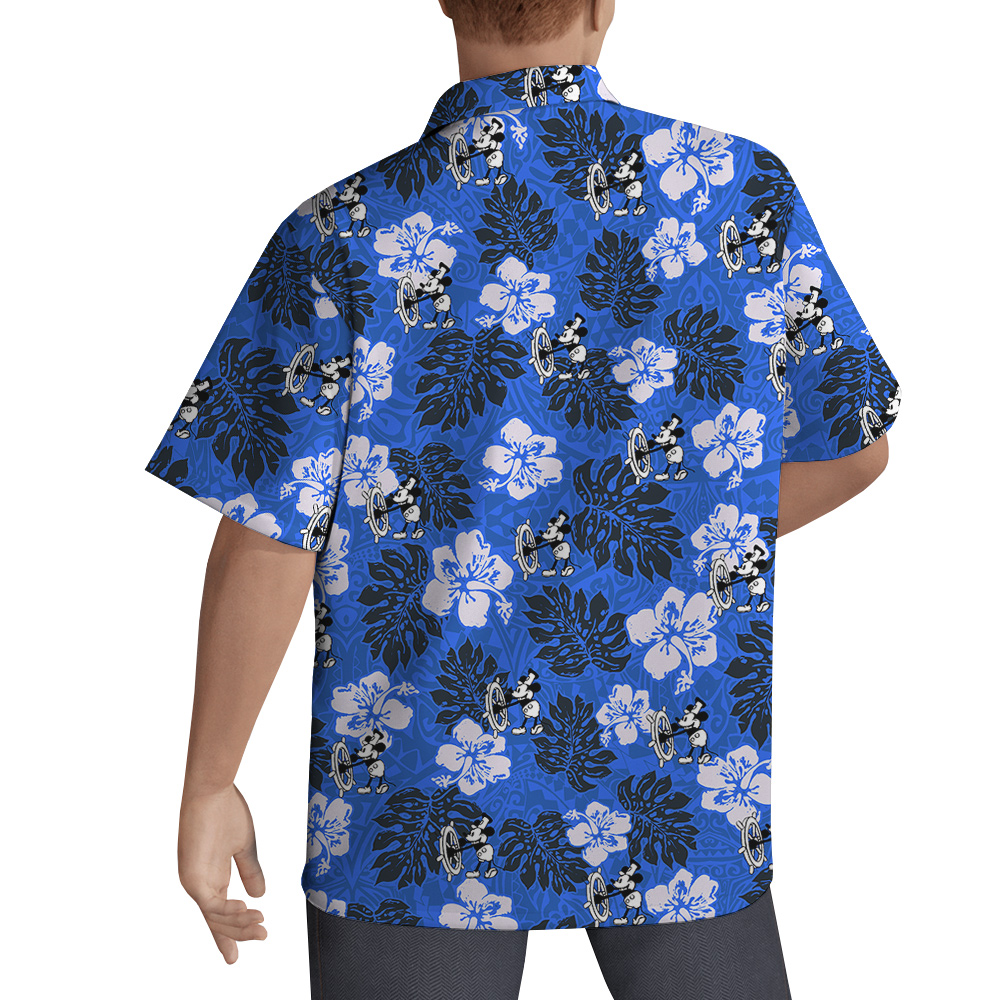 Steamboat Willie Mickey Mouse Vintage Hibiscus Navy Hawaiian Shirt