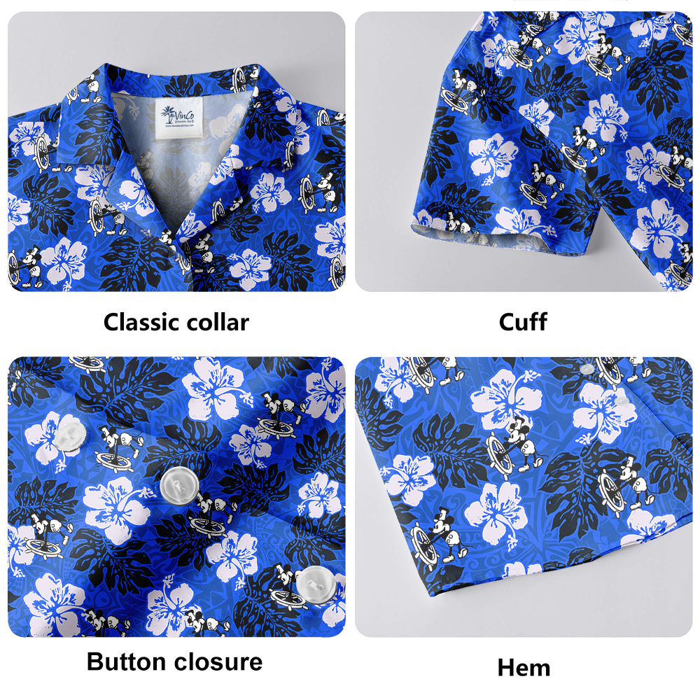 Steamboat Willie Mickey Mouse Vintage Hibiscus Navy Hawaiian Shirt
