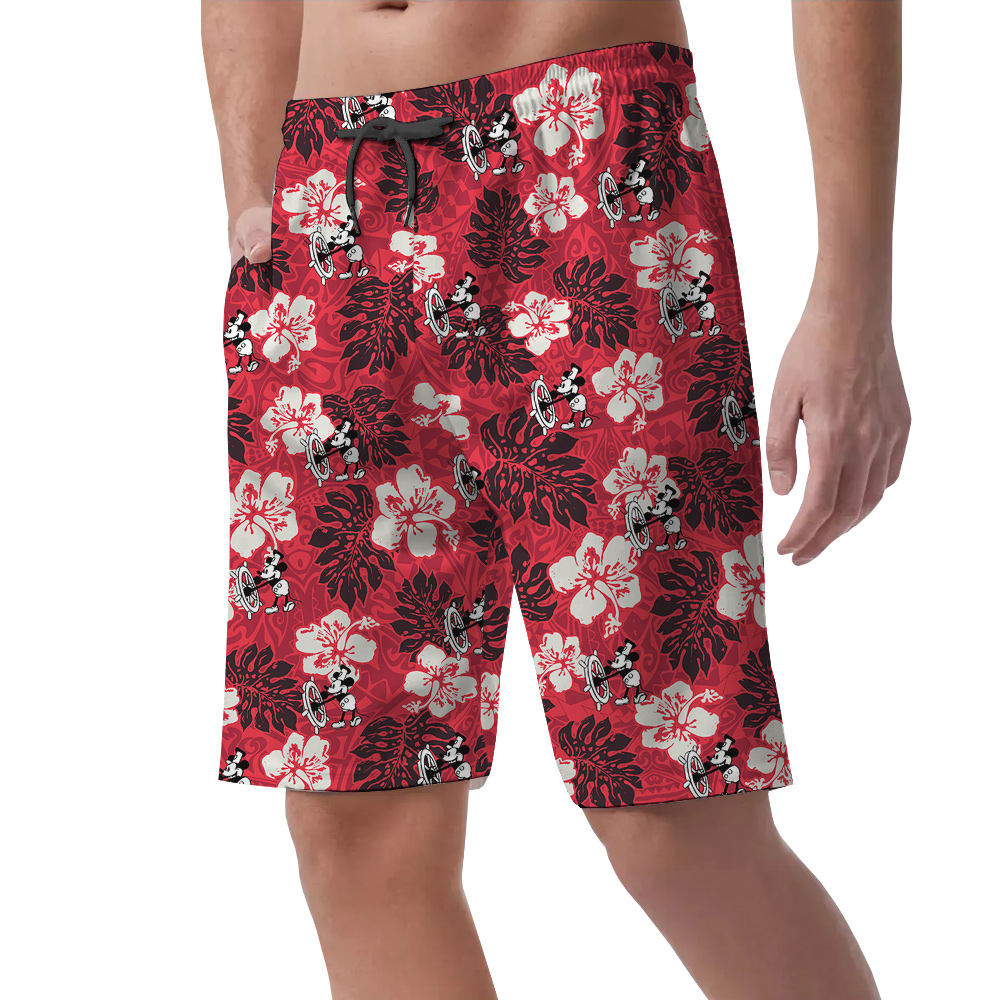 Cute Mickey Mouse Steamboat Willie Hibiscus Classic Red Hawaiian Beach Shorts For Men