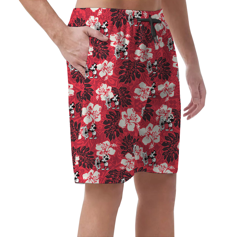 Cute Mickey Mouse Steamboat Willie Hibiscus Classic Red Hawaiian Beach Shorts For Men