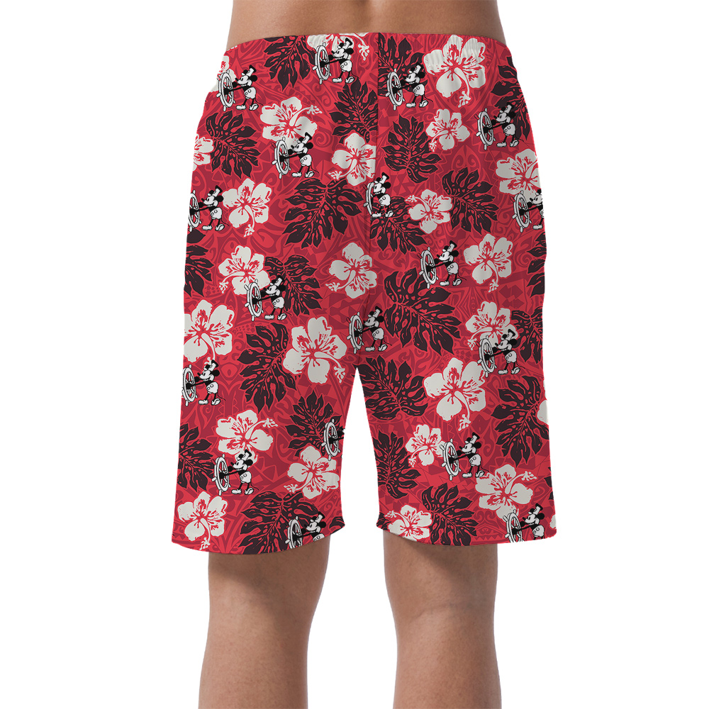 Cute Mickey Mouse Steamboat Willie Hibiscus Classic Red Hawaiian Beach Shorts For Men