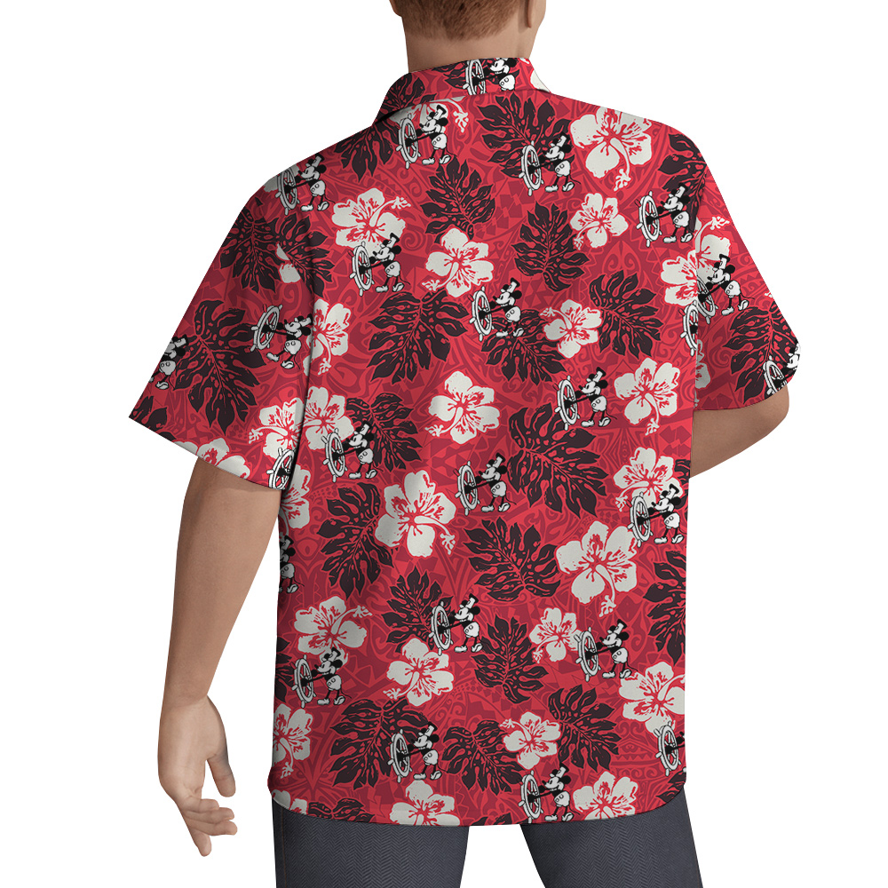 Classic Steamboat Willie Mickey Mouse Hibiscus Red Hawaiian Shirt
