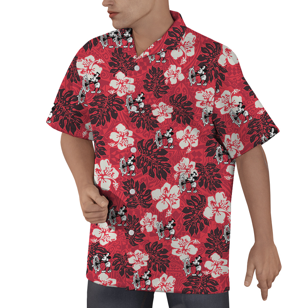 Classic Steamboat Willie Mickey Mouse Hibiscus Red Hawaiian Shirt