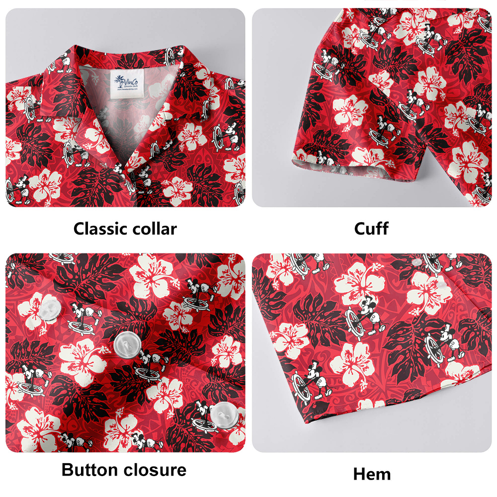 Classic Steamboat Willie Mickey Mouse Hibiscus Red Hawaiian Shirt
