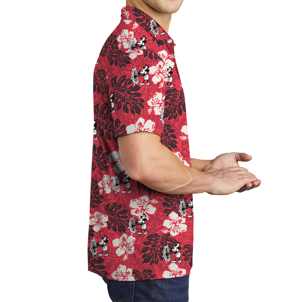 Cute Mickey Steamboat Willie Vintage Hibiscus Red Hawaiian Polo Shirt For Men