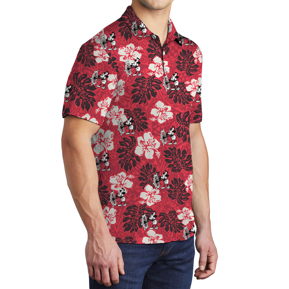 Cute Mickey Steamboat Willie Vintage Hibiscus Red Hawaiian Polo Shirt For Men